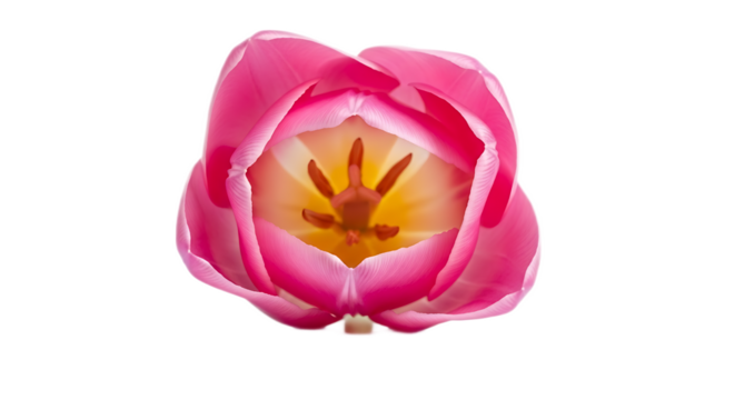 Close up of a pink tulip flower with yellow center and visible stamen on a black background