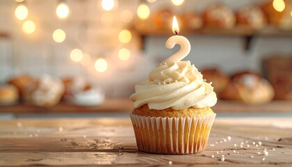 Deliciously decorated cupcake with a lit candle shaped like the number two, perfect for celebrations and birthdays