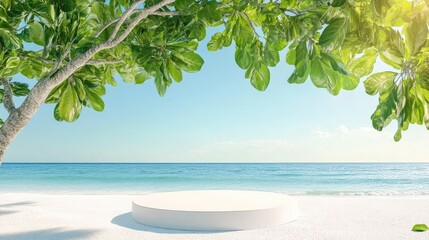 White round podium placed on sandy beach, framed by large tree branch and tropical leaves under bright blue sky