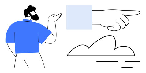 Man gesturing in casual attire, pointing hand emphasizing direction, simplistic cloud illustration. Ideal for leadership, guidance, decision-making, minimalism, creativity, abstract themes simple