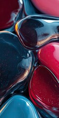 Abstract organic shapes with reflective surfaces in vibrant red blue and dark colors