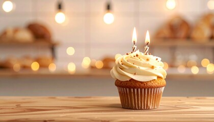 Single vanilla cupcake with creamy frosting and two lit candles for a 22nd birthday party, set on a wooden surface against a bokeh light backdrop