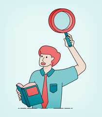 Line art illustration of a student holding a book and magnifying glass to find answers. Can be used for banners, ads, brochures and website pages