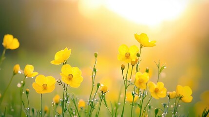 Yellow blooms sway in gentle rain at sunset, glowing in the fading light with misty calm in the background