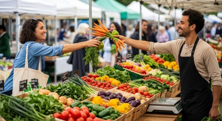 Friendly grocer selling fresh carrots at the market