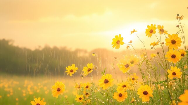 Yellow blooms sway in gentle rain at sunset, glowing in the fading light with misty calm in the background