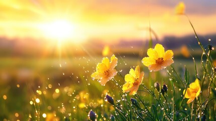 Yellow wildflowers shimmer with raindrops under golden sunset sky, serene scene perfect for nature-themed backgrounds