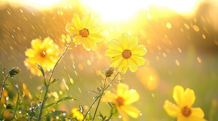 Yellow wildflowers shimmer with raindrops under golden sunset sky, serene scene perfect for nature-themed backgrounds