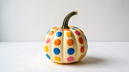 Small decorative pumpkin painted cream with large, colorful polka dots for fun, modern autumn decor.