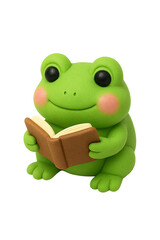 Obraz premium Cute green frog reading a book with a smile on its face, sitting on a white surface, creating a whimsical and charming scene.