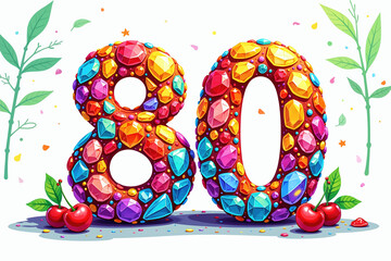 A vibrant 80 adorned with colorful gems and surrounded by cherries, leaves, and confetti on a white background, perfect for an 80th birthday celebration.
