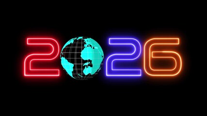 Neon 2026 year with a globe and data connections. Represents global communication, worldwide business, big data and futuristic technology concepts. Happy new year 2026 celebration - Powered by Adobe