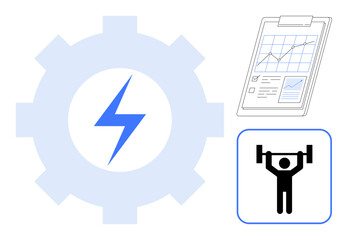 Blue gear with a lightning bolt, a clipboard with a performance report, and a weightlifting icon representing energy, strategy, fitness, growth, productivity, achievement and improvement. Ideal