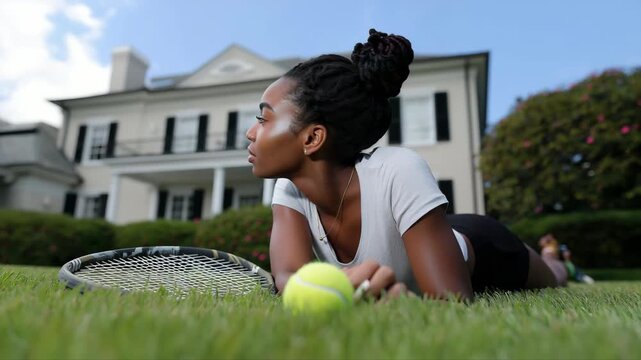 Relaxed tennis enthusiast daydreams on lawn near elegant house in summer