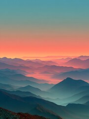 Fototapeta premium Majestic Mountain Landscape: Serene Twilight Hues and Soft Layers of Rolling Hills with Silhouetted Ridges in a Panoramic View of Vibrant Gradients and Tranquil Scenery