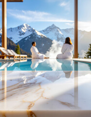 Luxury alpine spa with couple relaxing near infinity pool and snowy peaks view, ideal for wellness travel poster or relaxation background design