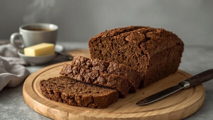 Fototapeta premium Nordic Wholesomeness: Sliced Dark Pumpernickel on Wood with Steaming Coffee