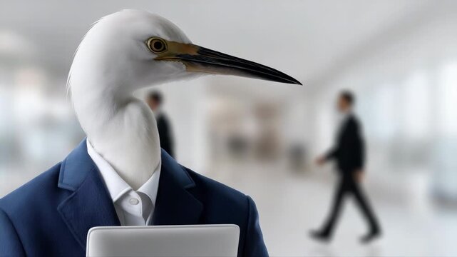 Business bird in suit stays focused amid office movement and professional interactions