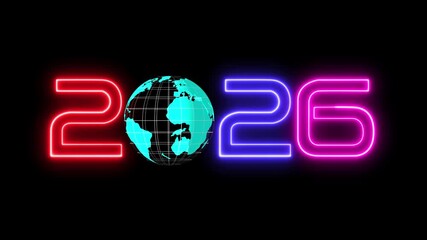 Neon 2026 year with a globe and data connections. Represents global communication, worldwide business, big data and futuristic technology concepts. Happy new year 2026 celebration - Powered by Adobe