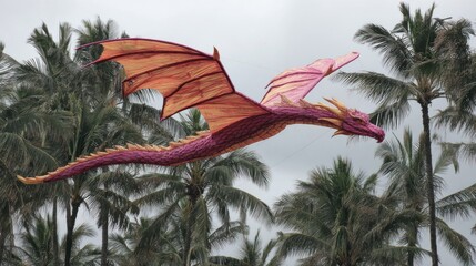 A large, colorful dragon kite soars through a cloudy sky, amidst palm trees