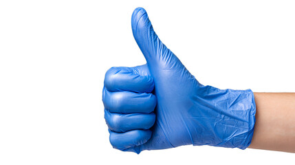 Thumb up approval symbol. Hand in blue latex glove isolated on white showing OK sign. Medical background. Doctor successful operation