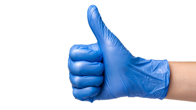 Thumb up approval symbol. Hand in blue latex glove isolated on white showing OK sign. Medical background. Doctor successful operation