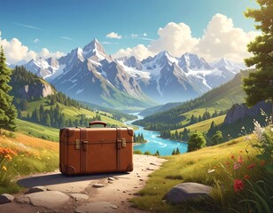 Brown suitcase on a path, scenic mountain landscape