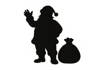 Santa claus silhouette waving hello, greeting holidays with big gifts sack, transparent background