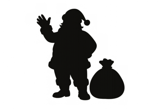 Santa claus silhouette waving hello, greeting holidays with big gifts sack, transparent background