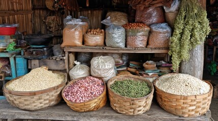 Wooden market stall overflowing with various dried goods in plastic bags and woven baskets