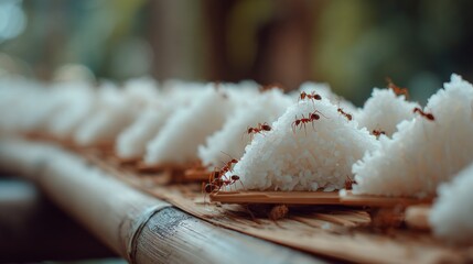 Tiny red ants on small mounds of white rice on bamboo