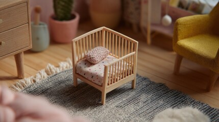 Miniature wooden crib, soft furnishings, pastel colors, dollhouse