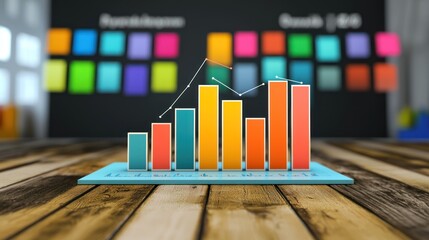 A colorful bar graph on a wooden table with a blurred background.