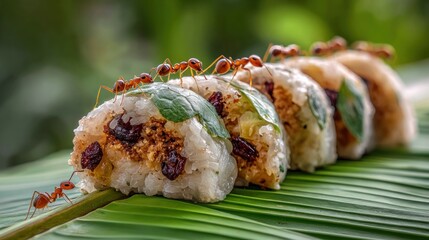 Ants on rice rolls, arranged on a banana leaf