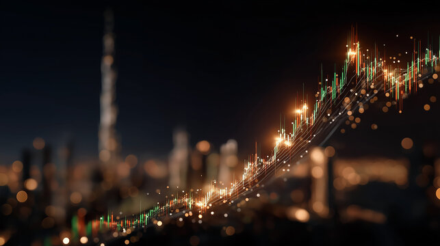 Financial Growth Amidst the Metropolis: Capturing the essence of financial ascent, shimmering lights highlight a growth chart soaring above a cityscape, symbolizing prosperity and economic progress.