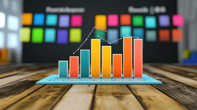 A colorful bar graph on a wooden table with a blurred background. - Powered by Adobe