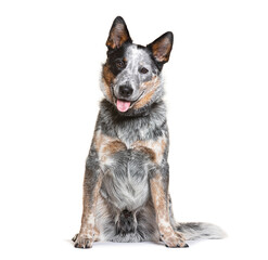 Australian cattle dog sitting and panting on white background