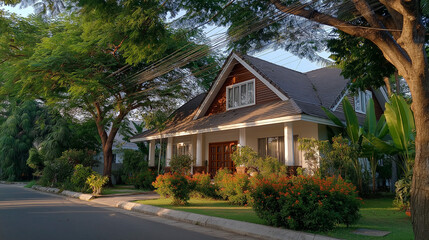 Naklejka premium Cozy Suburban Haven: A picturesque suburban house stands proudly amidst lush greenery, a testament to comfort and tranquility, with inviting windows and a welcoming atmosphere.