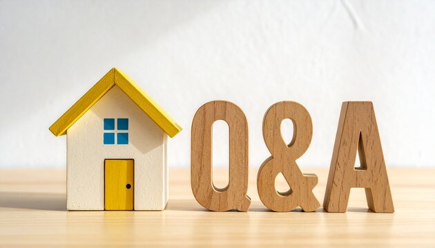 黄色い屋根とQ&Aの木製文字が柔らかい光を浴びて並ぶミニチュアの家の構図