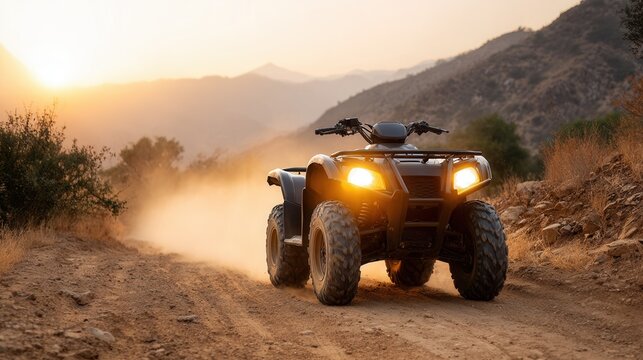 An all-terrain vehicle navigating a dusty trail during sunset, surrounded by mountains and nature. Ideal for outdoor adventure themes.