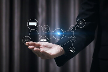 A concept of a comprehensive AI business suite. This integrated platform provides tools for all business needs, including e-commerce.