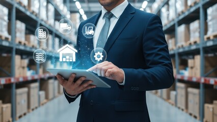 A businessman holding a tablet projecting supply chain icons in warehouse, showing transport efficiency and advanced process control logistics