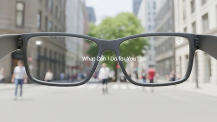 The city view through a smart glasses with glowing assistant prompt, showing wearable tech and advanced process control guidance
