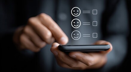 A person's hand holding a smartphone, with a survey interface displaying smiley faces and checkboxes.