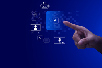 AI content generation interface with icons for text, image, video, and audio creation. Futuristic concept of artificial intelligence generating multimedia with a single touch.