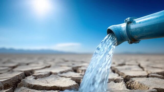 Life-Giving Flow: A stream of pure water gushes forth, revitalizing parched earth, under a vast and brilliant sky. A powerful message of renewal, against a backdrop of nature's stark contrast.