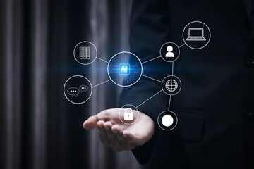 Fototapeta premium AI network system connects data, security, communication, and intelligence. AI network system enables smart interaction, AI network boosts productivity, and AI network system transforms.