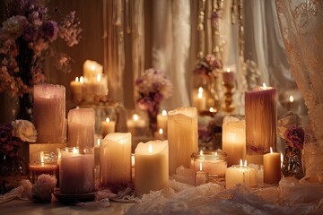 A collection of various sized pillar candles in soft, warm tones, artfully arranged with floral accents and draped fabrics.