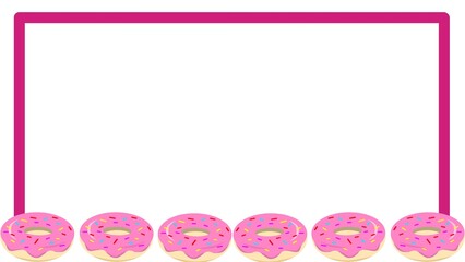 Rectangle donut frame. Pink rectangular frame decorated with a row of pink donuts and colorful sprinkles at the bottom, perfect for sweet or bakery-themed designs.