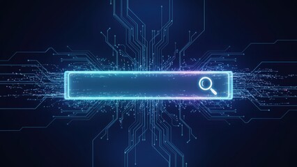 A neon holographic input bar glowing over digital circuit pattern, showing cyber interface and advanced process control ui design
